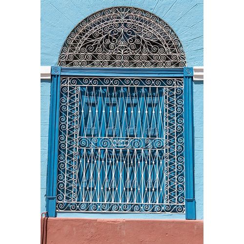 Ornate wrought iron covering on blue wooden window shutters-Trinidad-Cuba
